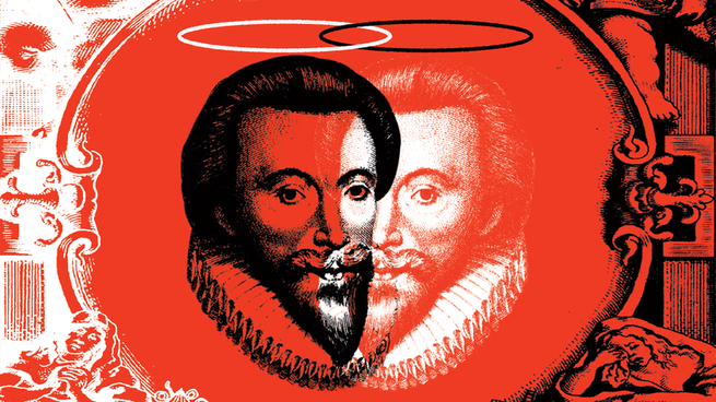 Reversed engraved images of John Donne, one in black and one in white, with cupid-flanked halos and ornate borders on a red background