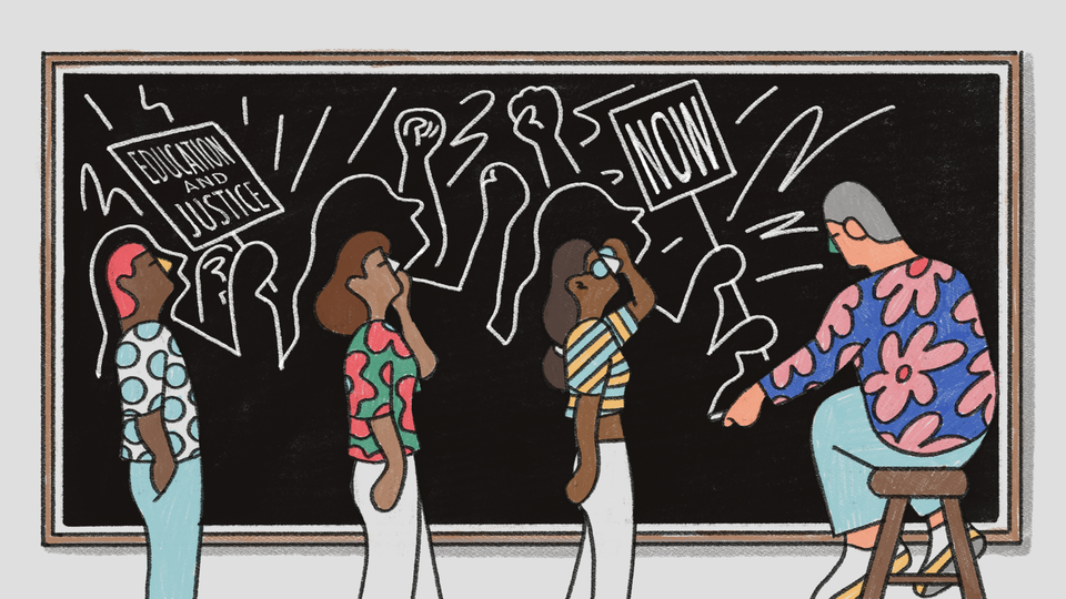 An illustration of a teacher sitting on a stool, drawing pictures of a civil-rights protest on the chalkboard, while students look on. The protesters' signs say "Education and Justice" and "NOW."