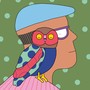 An illustration of an older person looking at an owl sitting on their shoulder