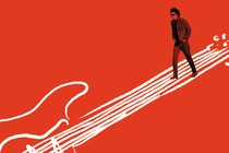 Illustration with black image of Bob Dylan in sunglasses striding down the strings of a white sketch of a guitar on red background