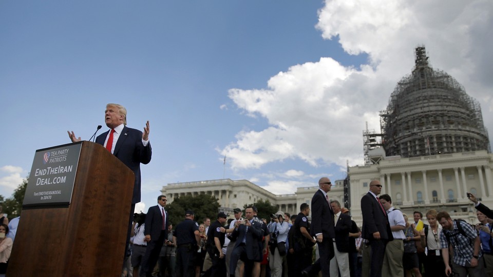 Donald Trump addresses a Tea Party rally against the Iran nuclear deal at the U.S. Capitol.