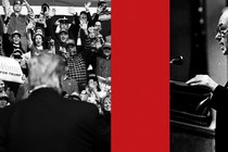 Illustration with a photo of Trump speaking to a crowd, a vertical red ribbon, and a photo of Robert Welch in front of a microphone