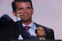 Donald Trump Jr. thrusts his fist after speaking at the 2016 Republican National Convention in Cleveland 