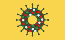 illustration of green coronavirus as wreath with blinking lights
