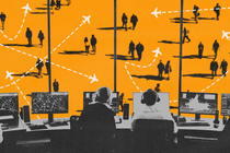 Photo-illustration of air traffic controllers in a control room looking out a window at icons of moving airplanes and walking people.