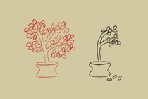 crayon sketch of a thriving red potted plant and a dying black potted plant, side by side