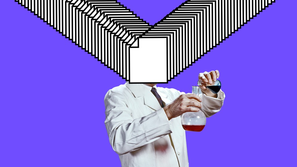 A scientist holds two beakers; computer-file icons obscure and explode from his head.