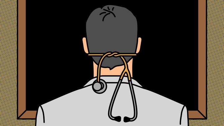 An illustration of a doctor with a stethoscope tied around his head