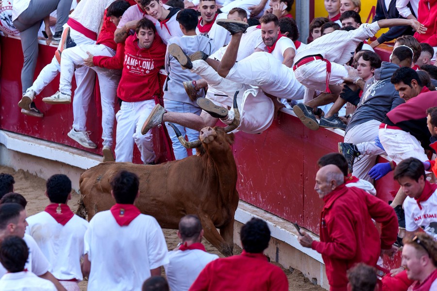 At least two festivalgoers are tossed by a steer, alongside a fence, inside a bullring.