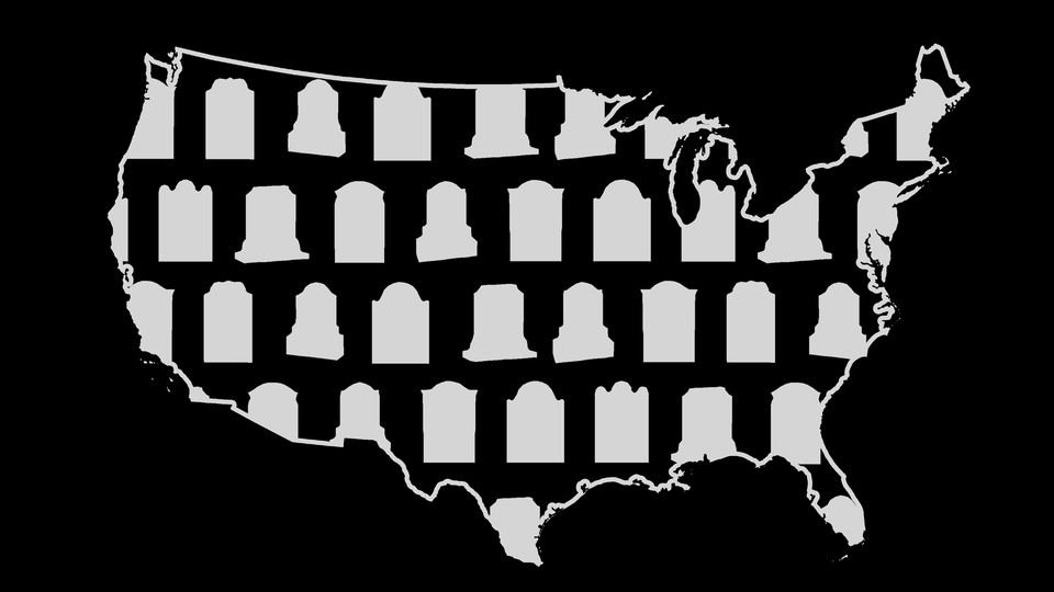 Illustration of a map of the U.S. and tombstones.