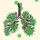 a lung overlaid with silhouettes of the coronavirus