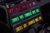 A digital time-travel display inside a DeLorean DMC-12, which appeared on the red carpet at the Back to the Future 30th Anniversary screening in Manhattan, in 2015.