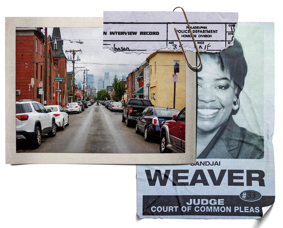printed photo of street with parked cars; torn page from official notes; poster with picture of smiling woman that says "Sandjai Weaver, Judge, Court of Common Pleas"
