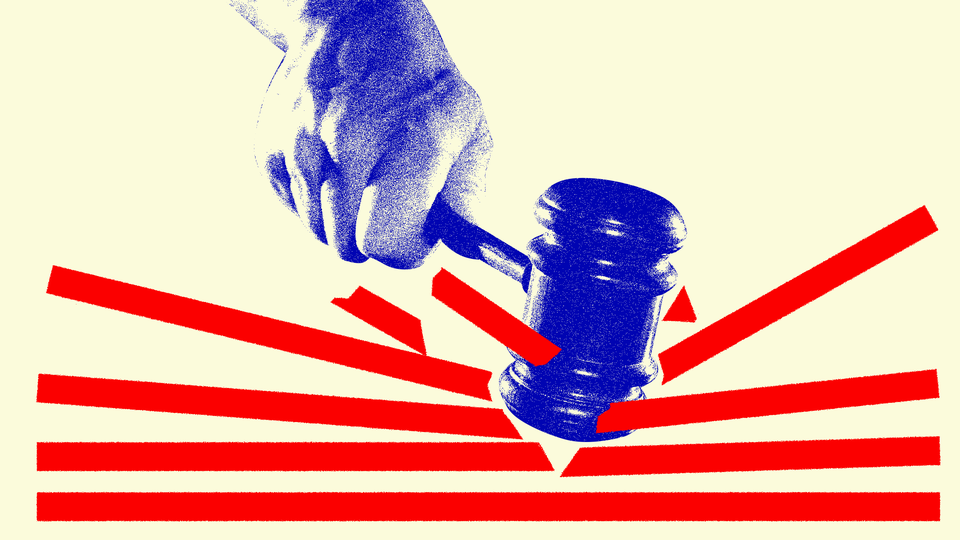 Illustration of a gavel smashing through red lines