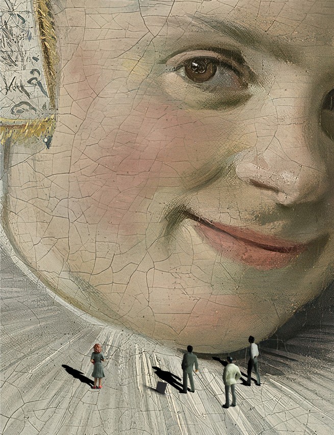 تصویری با نوردهی دوگانه، یکی از مردی که در اتاق نشیمن خود کنار گیتار نشسته با یک پوشش مبهم از یک نقاشی منظره قرن هفدهم