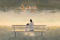 A mother and her child sit at a pond, watching a duckling surrounded by a circle of adult ducks