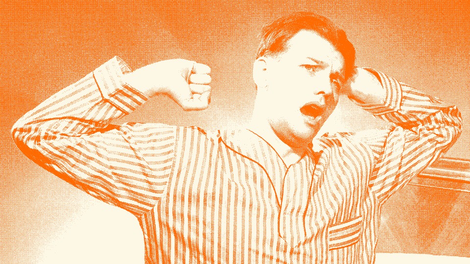 An orange-tinted image of a man stretching