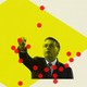President Bolsonaro is pictured against a yellow backdrop with red dots around him.