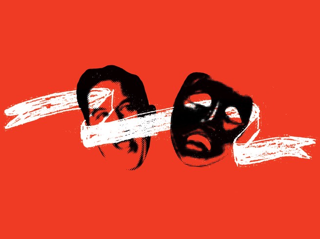black and white illustration of comedy/tragedy masks with comedy mask replaced by Gutfeld's face on red background
