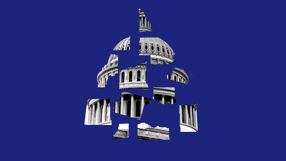 An image of the dome of the U.S. Capitol broken into pieces against a blue background