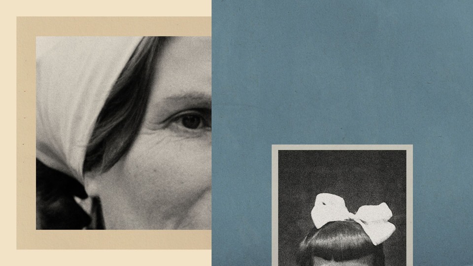 A collage of blue and tan with two embedded photographs, an older woman on the left and a girl's head on the right.