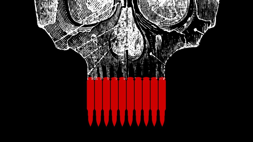 A skull with AR-15 bullets for teeth