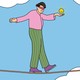 An illustration of a person in colorful clothing walking along a tightrope while wearing a blindfold and holding a smiley face