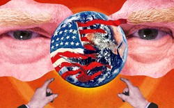 Illustration of Trump pointing at globe with fading American flag