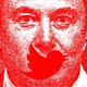 Illustration of Elon Musk in red with a Twitter logo over his mouth.