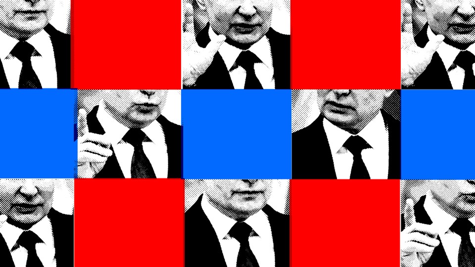 Illustration of Vladimir Putin with red and blue squares.