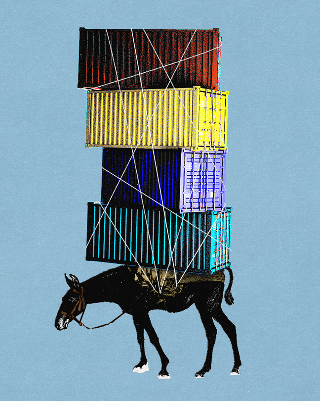 Illustration of a donkey carrying shipping containers