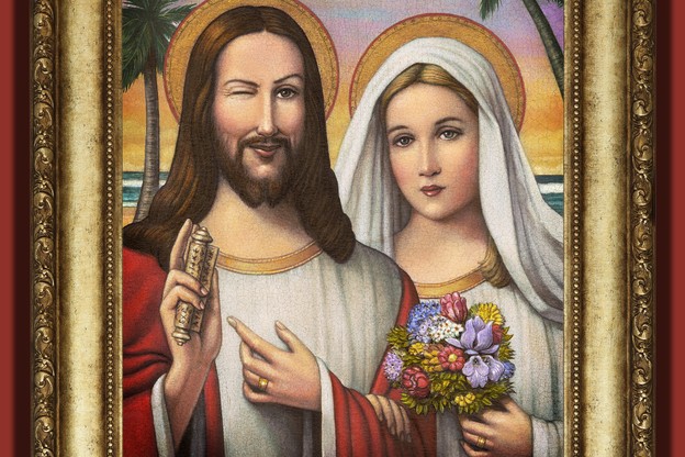 Jesus winks next to a woman holding a bouquet of multi-colored flowers
