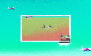 Abstract illustration of planes descending to land, on a bright aqua-and-orange background