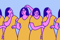 Multiple versions of the same woman, standing in a row, scratching her head as if trying to puzzle something out