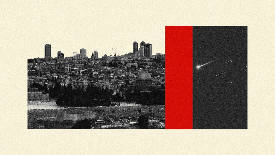 An illustration of Israel juxtaposed with rockets in the air