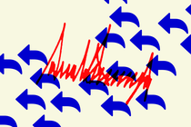 Illustration of blue arrows pointing backwards layered over a red Donald Trump signature