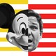 A spliced flag of yellow and red stripes, centering the faces of Mickey Mouse and Governor Ron DeSantis