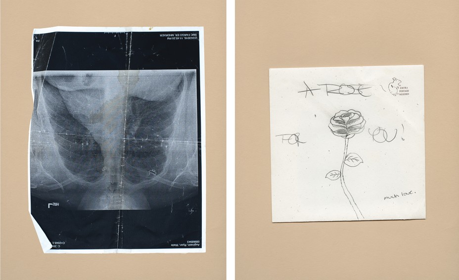 Diptych: A chest x-ray showing bullets embedded in chest; a card with a hand drawn rose saying, " A rose is for you."