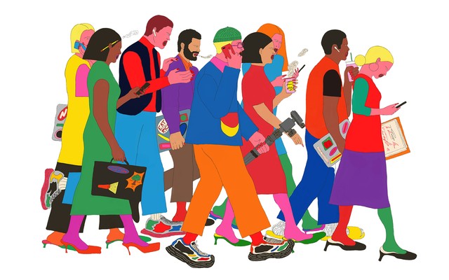 Illustration of colorfully dressed, multiracial crowd walking with cellphones, coffees, laptops, and creative tools