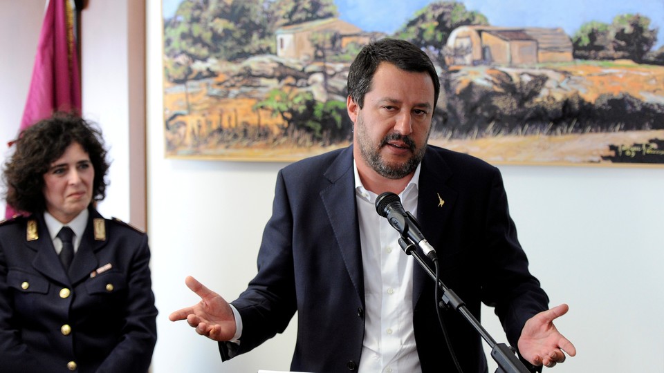 Matteo Salvini delivers a speech.