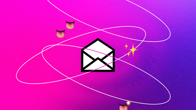 A colorful illustration showing an open envelope surrounded by tongue and sparkle emojis