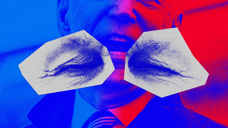 An illustration of two closed eyes and Joe Biden