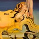 A painting by Salvador Dali of a shapeless woman floating below the nude legs of a man.