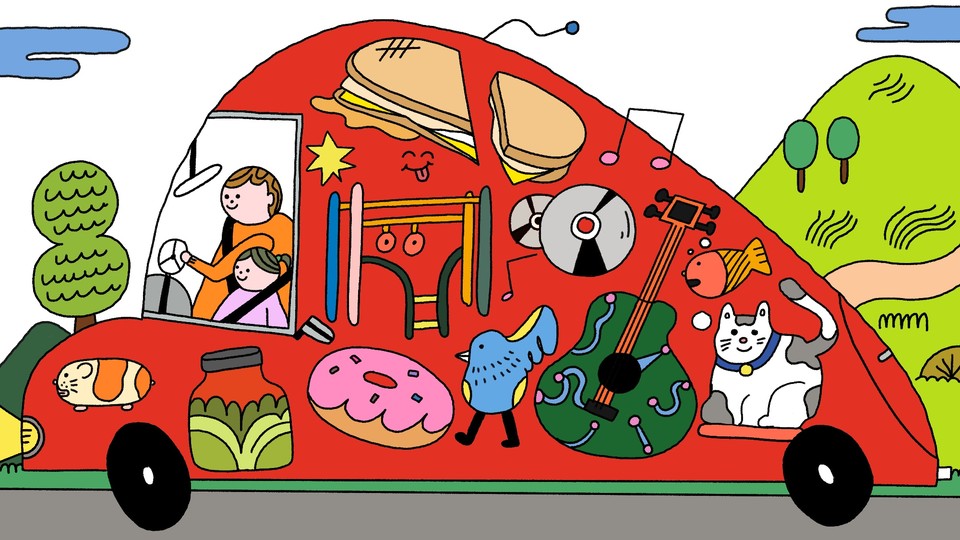 A dad and his daughter driving, with various objects from their day out drawn on the car