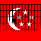 An illustration involving the flag of Singapore behind prison bars