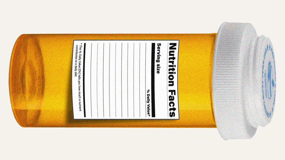 A pill bottle lays on its side with a nutrition label attached