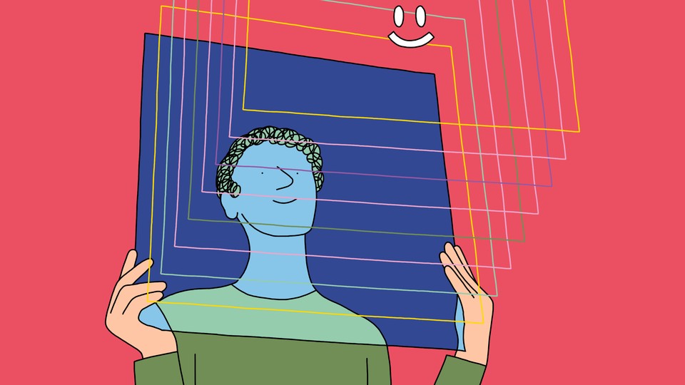 A man looking up through a series of frames and smiling