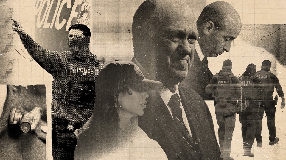 A collage including Tom Homan, Kristi Noem, agents "POLICE ICE" written on their backs, Stephen Miller, and a close-up of a body-worn camera