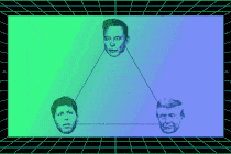Illustration of Elon Musk, Sam Altman, and Donald Trump's faces on a triangle