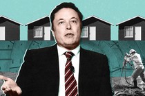 An illustration of Elon Musk in front of homes in Hawthorne